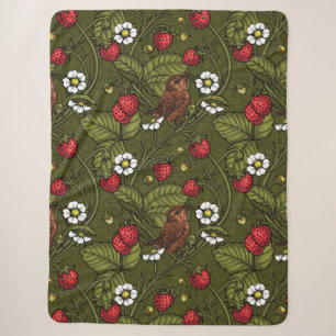 Wrens and strawberries on dark green sherpa blanket
