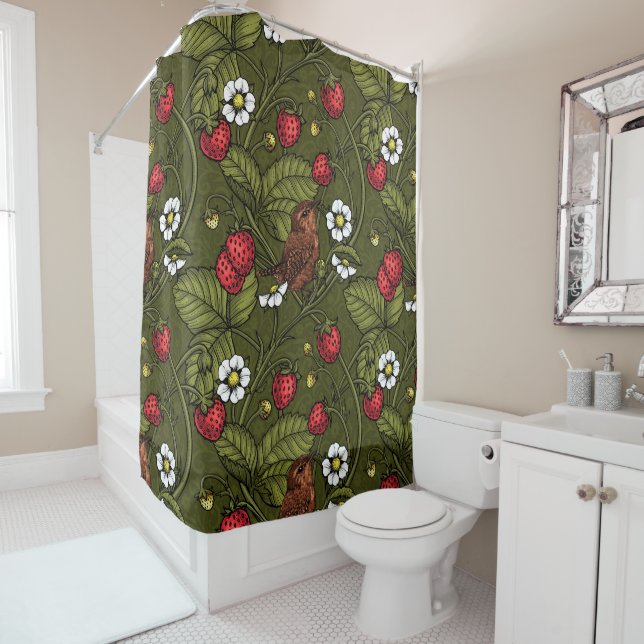 Wrens and strawberries on dark green shower curtain (In Situ)