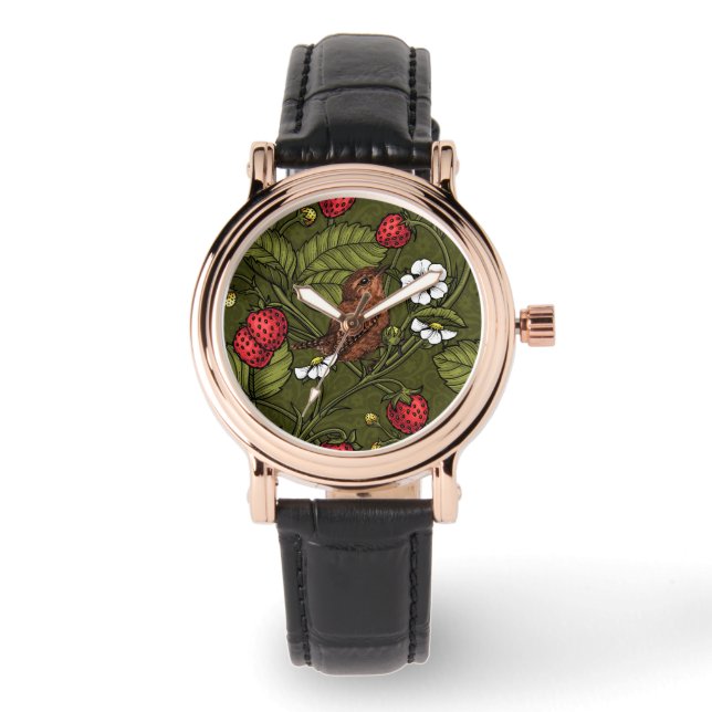 Wrens and strawberries on dark green watch (Front)