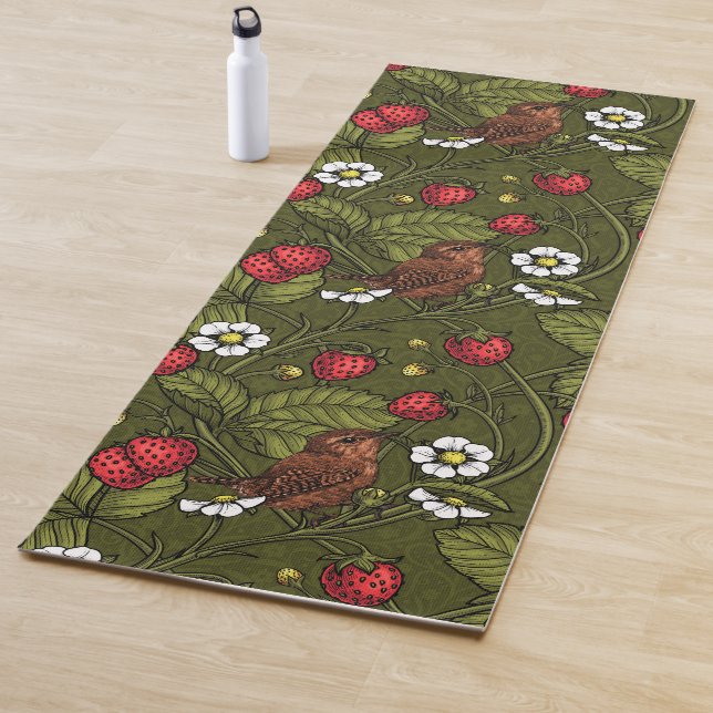 Wrens and strawberries on dark green yoga mat (In Situ)
