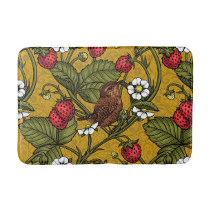 Wrens and strawberries on mustrard bath mat
