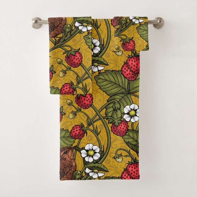 Wrens and strawberries on mustrard bath towel set (Insitu)