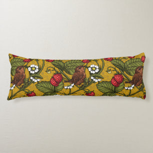 Wrens and strawberries on mustrard body cushion