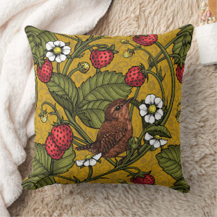Wrens and strawberries on mustrard cushion