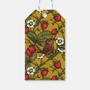 Wrens and strawberries on mustrard gift tags