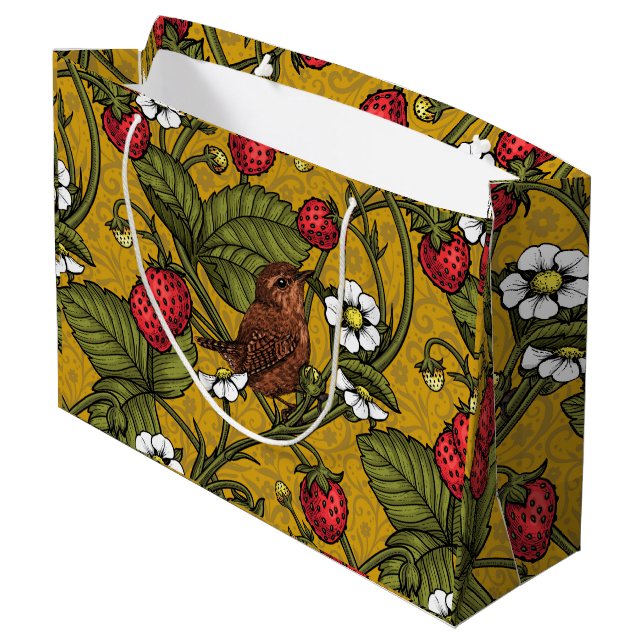 Wrens and strawberries on mustrard large gift bag (Back Angled)