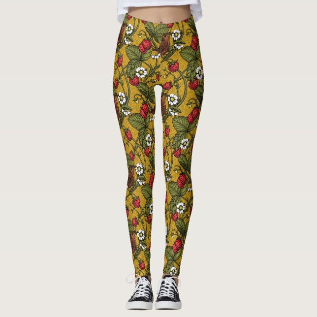 Wrens and strawberries on mustrard leggings (Front)