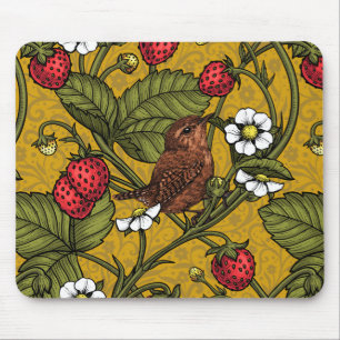 Wrens and strawberries on mustrard mouse mat