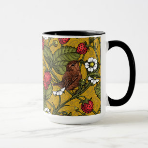 Wrens and strawberries on mustrard mug