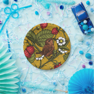 Wrens and strawberries on mustrard paper plate