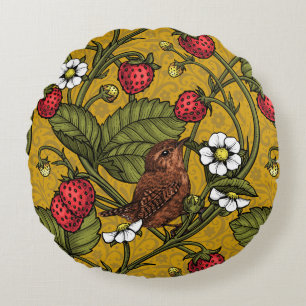 Wrens and strawberries on mustrard round cushion