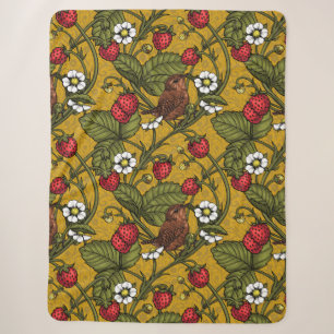 Wrens and strawberries on mustrard sherpa blanket