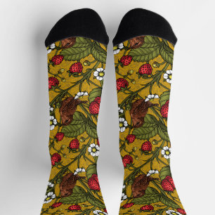 Wrens and strawberries on mustrard socks