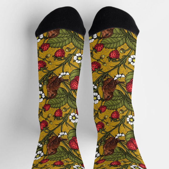 Wrens and strawberries on mustrard socks (Top)