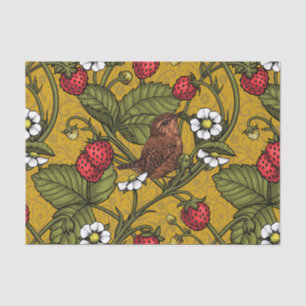 Wrens and strawberries on mustrard tissue paper