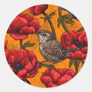 Wrens in a red anemone garden classic round sticker