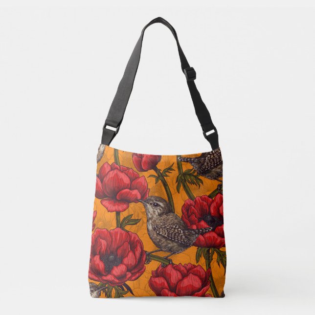 Wrens in a red anemone garden crossbody bag (Front)
