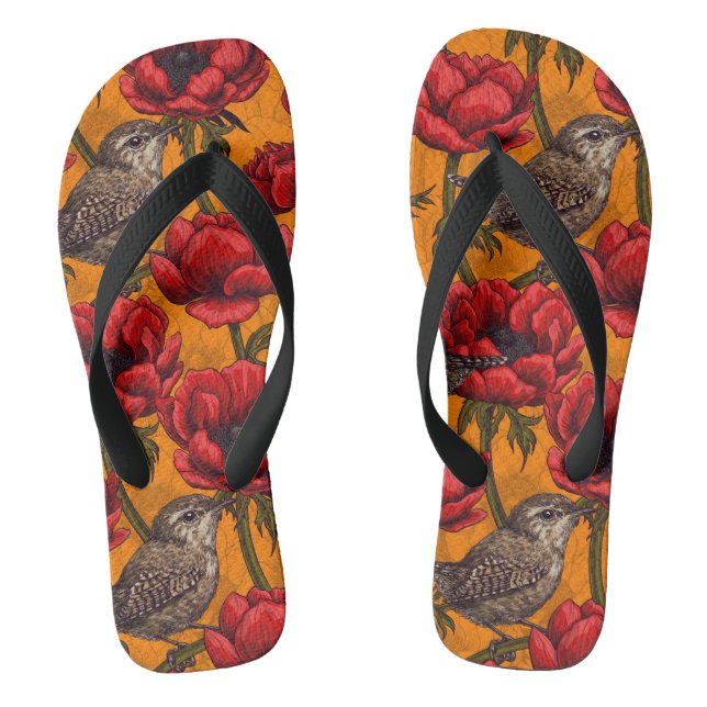 Wrens in a red anemone garden flip flops (Footbed)