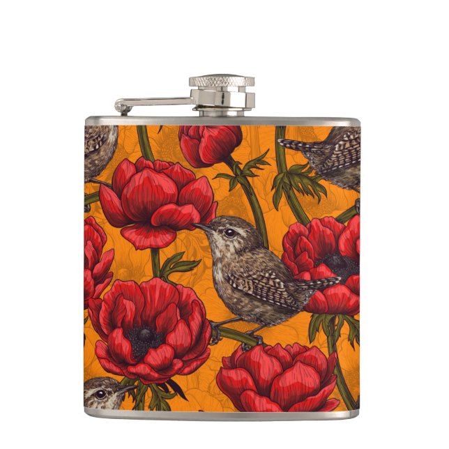 Wrens in a red anemone garden hip flask (Front)