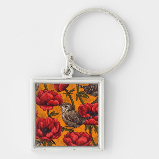 Wrens in a red anemone garden key ring (Front)