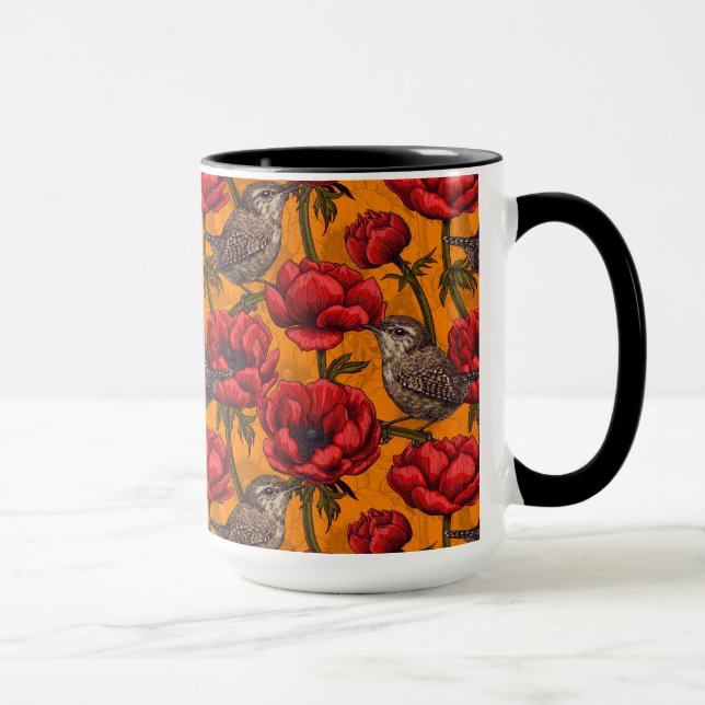 Wrens in a red anemone garden mug (Right)