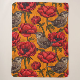Wrens in a red anemone garden sherpa blanket