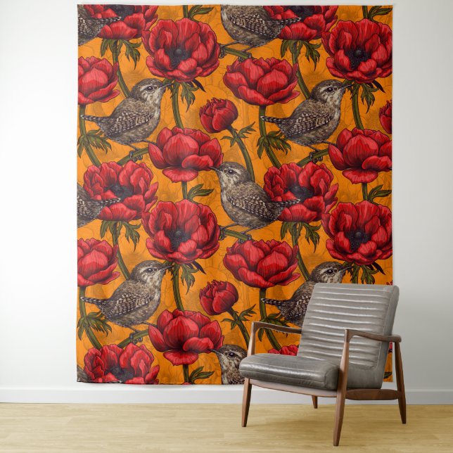 Wrens in a red anemone garden tapestry (In Situ)