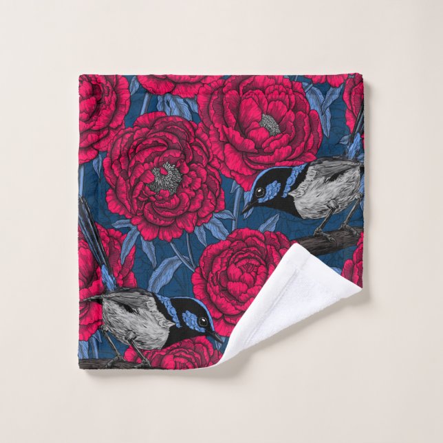 Wrens in the peonies bath towel set (Wash Cloth)