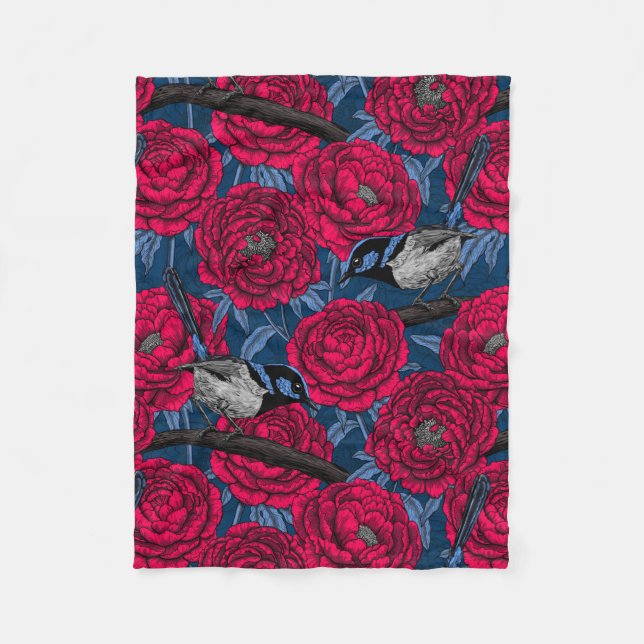 Wrens in the peonies fleece blanket (Front)