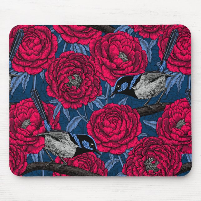Wrens in the peonies mouse mat (Front)