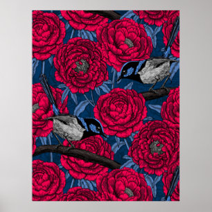 Wrens in the peonies poster