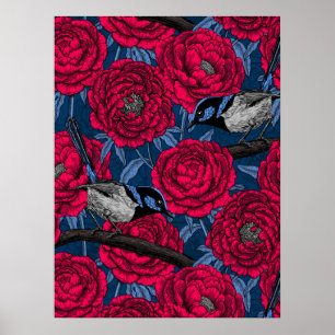 Wrens in the peonies poster