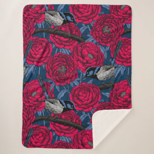 Wrens in the peonies sherpa blanket