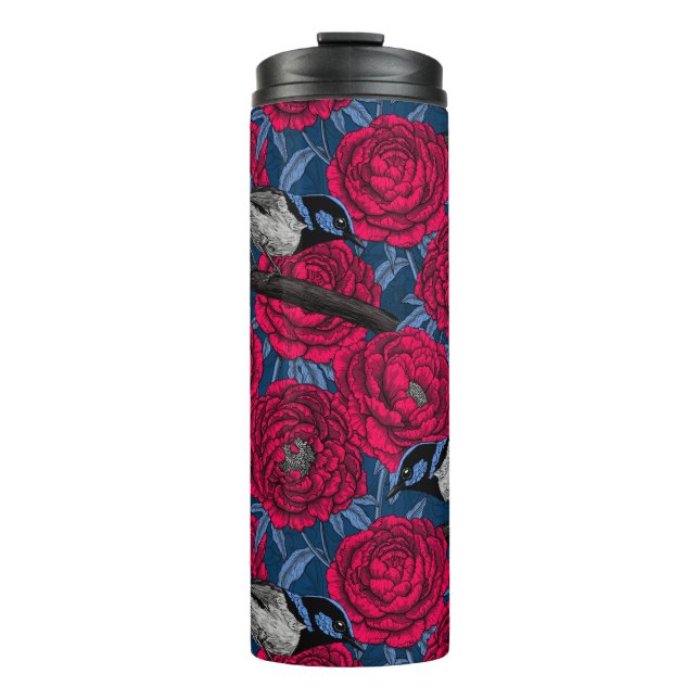 Wrens in the red peonies thermal tumbler (Front)
