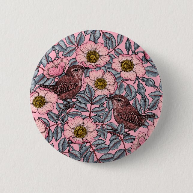 Wrens in the roses 6 cm round badge (Front)