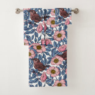 Wrens in the roses bath towel set
