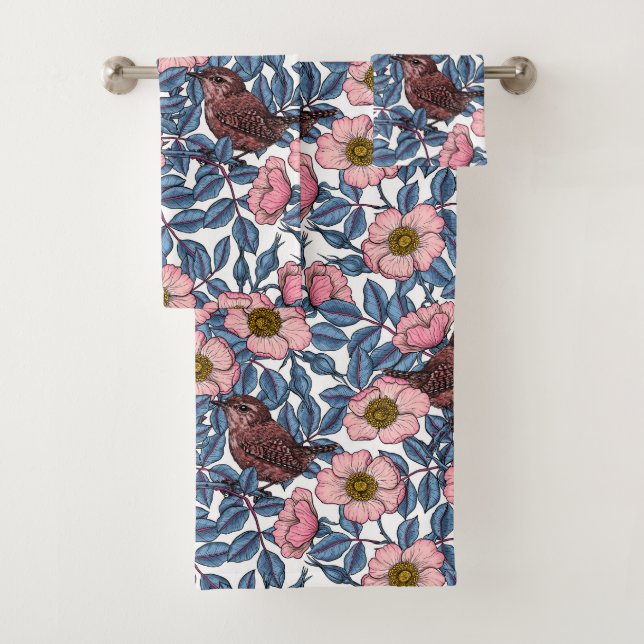 Wrens in the roses bath towel set (Insitu)