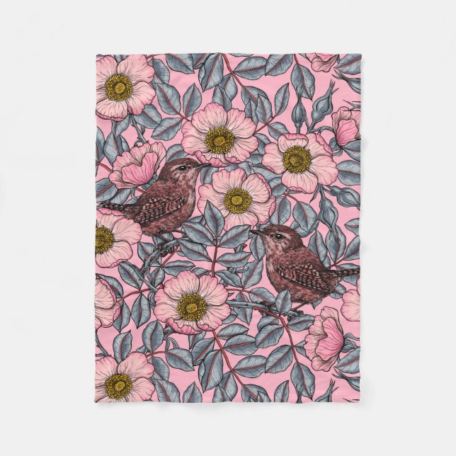 Wrens in the roses fleece blanket (Front)