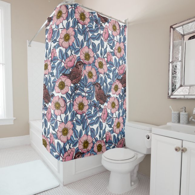 Wrens in the roses shower curtain (In Situ)