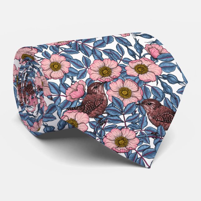 Wrens in the roses tie (Rolled)