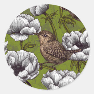 Wrens in the white anemone garden classic round sticker