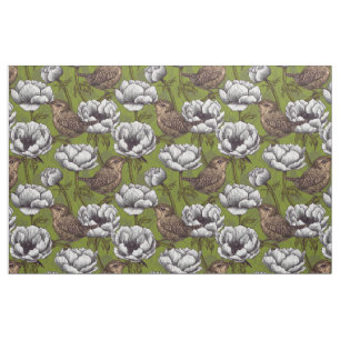 Wrens in the white anemone garden fabric
