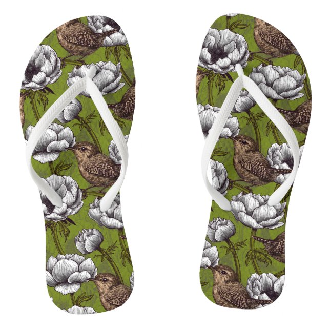 Wrens in the white anemone garden flip flops (Footbed)