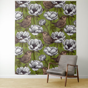 Wrens in the white anemone garden tapestry