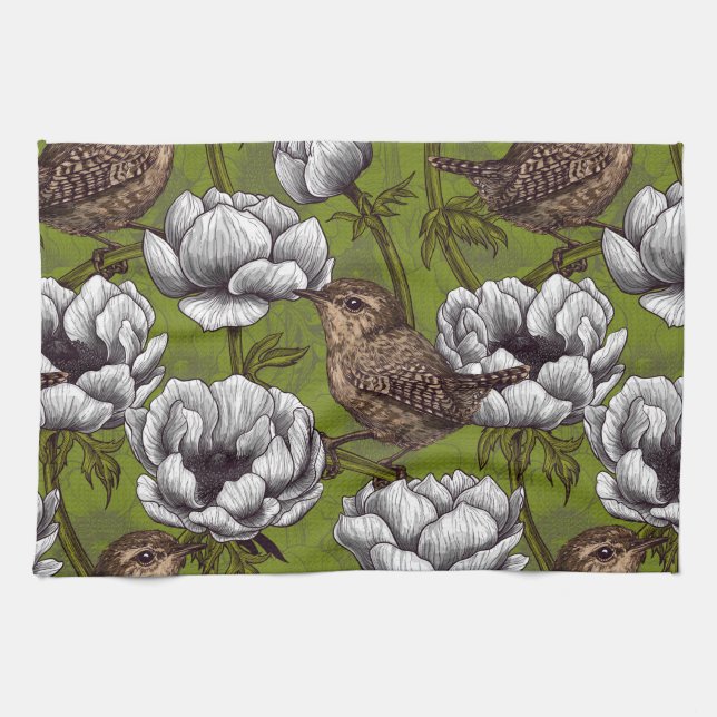 Wrens in the white anemone garden tea towel (Horizontal)