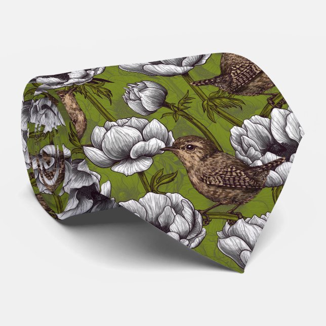 Wrens in the white anemone garden tie (Rolled)