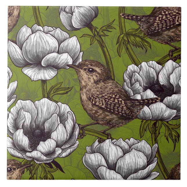Wrens in the white anemone garden tile (Front)
