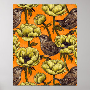 Wrens in the yellow anemone garden poster
