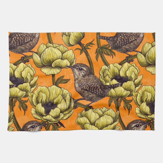 Wrens in the yellow anemone garden tea towel (Horizontal)