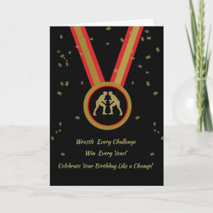 Wrestler Birthday Black Gold and Red Medal Champ Card